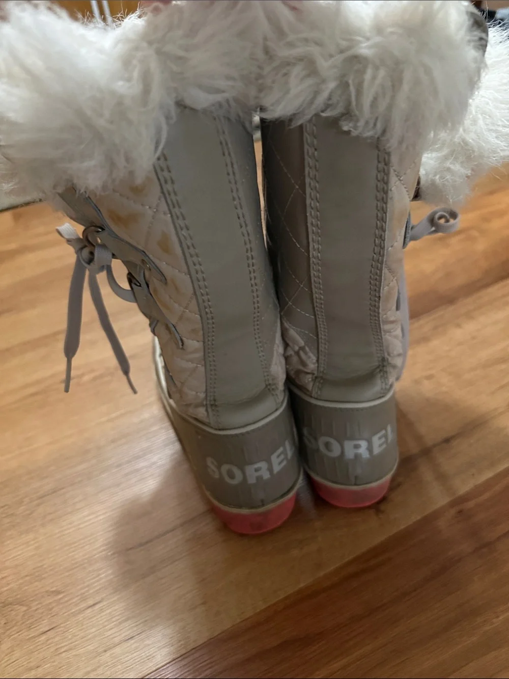Sorel Lace-Up Winter Boot with Faux Fur Collar in Cream and Coral